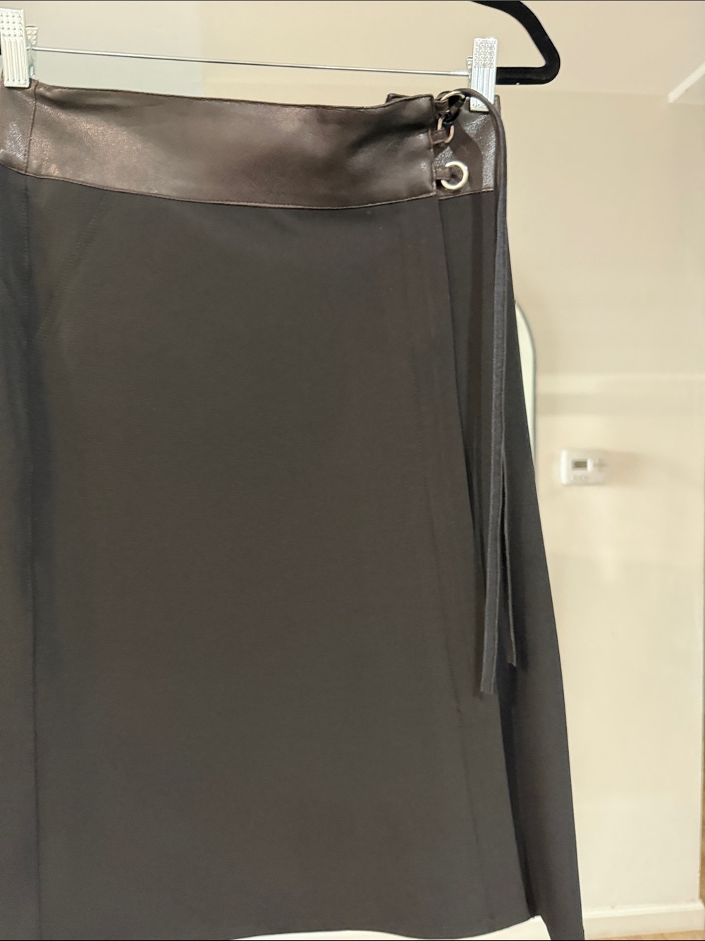 Sharagano Black Wrap-Style Midi Skirt with Leather Trim